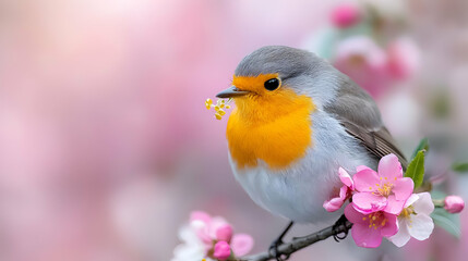 Fototapeta premium Robin bird on flowering branch, spring garden, nature