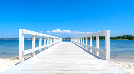 Fototapeta premium White pier extending to calm lake under blue sky