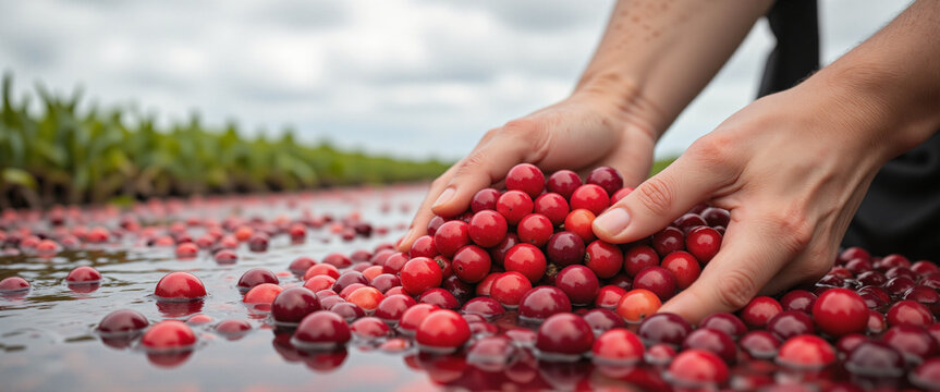 Hands carefully gathering vibrant red cranberries from a water-filled cranberry bog, capturing the essence of seasonal produce picking in a lush green field under a cloudy sky