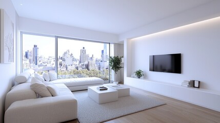 Fototapeta premium Modern white apartment living room NYC view