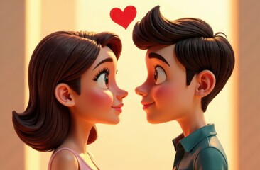Two animated characters gaze lovingly into each other's eyes, a heart floating above them. The warm light creates an intimate atmosphere, capturing the essence of young love in a charming setting.