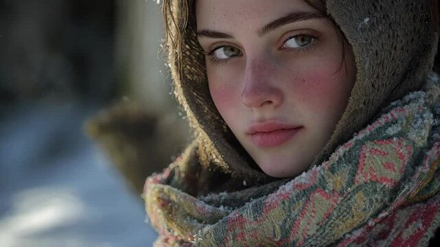 Beautiful face of a young Russian peasant woman