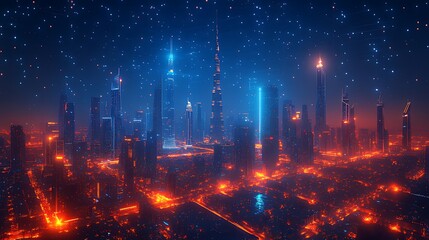 Obraz premium Futuristic Cityscape Night Lightscape, Aerial View, Sparkling Sky, Advertising