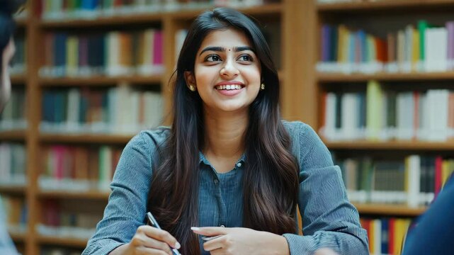 Student enjoying learning in library setting while taking notes and engaging in study session