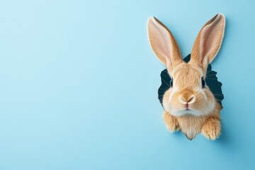 Obraz premium Rabbit is peeking out from a hole in a wall