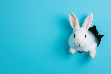 Obraz premium White rabbit is looking out of a hole in a blue background