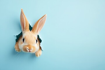 Obraz premium Rabbit is peeking out from a hole in a wall