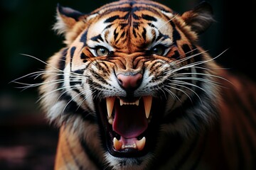 Fototapeta premium A powerful tiger displays its might with a fierce roar, showcasing striking orange and black stripes. The intense gaze peers through the dense jungle, capturing the essence of wild beauty at dusk.