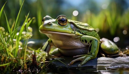 Vibrant Marsh Frog Basking in the Early Morning Sunlight, Amidst a Lush Wetland Meadow with Dewy Greens and Gold, Showcasing the Serenity of Natures Hidden Treasures.