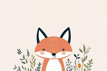 Fototapeta premium Cartoon fox is sitting in a field of flowers