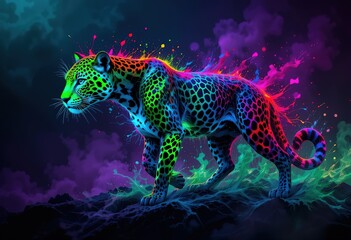 A vibrant neon jaguar strides through colorful paint splashes
