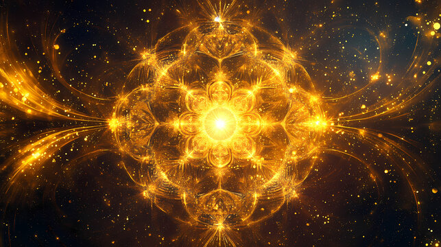 A celestial backdrop featuring an array of luminous golden sacred geometry forms, representing balance, harmony, connection, spirituality, and the cosmos. Esoteric Geometry. Illustration