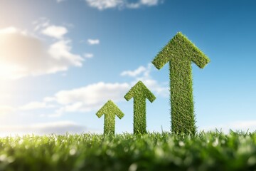 Three green arrows pointing upwards on a grassy hill