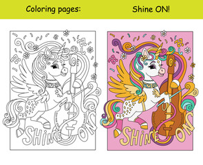 Cute unicorn playing violin kids coloring with color template
