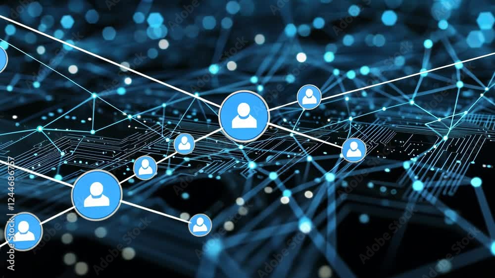 Poster network connections visualized with flowing digital data links and nodes