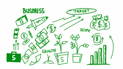 business doodles in green, featuring money, growth, target, and income symbols. Perfect for finance, investment, and strategy concepts
