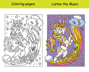 Cute retro music unicorn kids coloring with color template