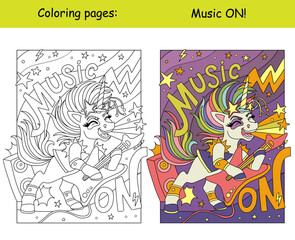 Cool rock music unicorn sings kids coloring with color template