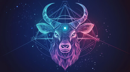 Geometric horned animal head with sacred geometry background. Esoteric Geometry. Illustration