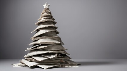 Christmas tree made of newspaper on soft gray background