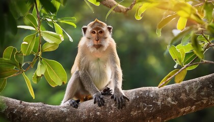 Naklejka premium A Playful Monkey Perched on Pithecellobium Dulce Trees Amidst a Lush Forest Park at Golden Hour