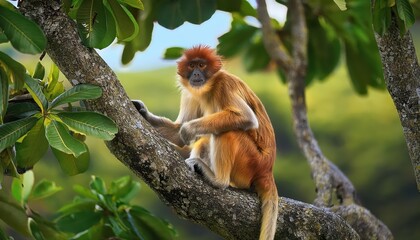 Fototapeta premium Playful Monkey Frolicking in a Vibrant Urban Jungle A Captivating Sighting of a Mischievous Primate Amidst the Metropolis Colorful Canopy