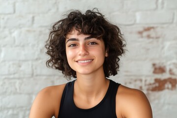 Woman with curly hair is smiling and wearing a black tank top