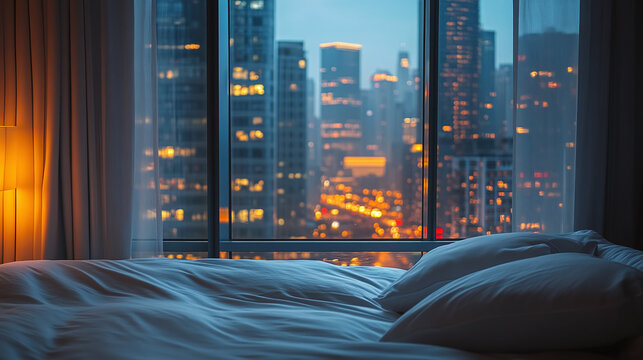 Bed with white sheets and pillow placed next to the large window. through the window is a cityscape view, tall city buildings with night lights illuminating the skyscrapers, bedroom interior closeup.