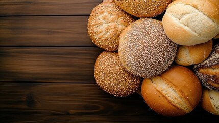 Assorted Freshly Baked Breads on a Rustic Wooden Table Background Ideal for Bakery Promotion