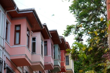Historical touristic Balat houses. Colorful old Balat houses. Architectural work. Art history. Tourism destination. Balat - Istanbul. Turkey.