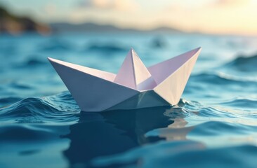 paper boat floating among the waves in the ocean. origami boat floating in the water