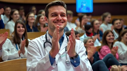 Enthusiastic doctor applauding in a lively medical conference audience