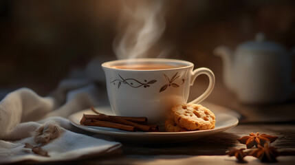 Fototapeta premium A hot cup of chai tea with spices, steam rising from the top, served with a side of shortbread.