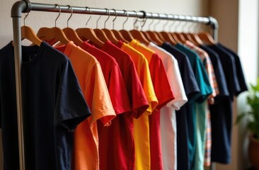 Obraz premium Rack with colorful t-shirts near light wall 