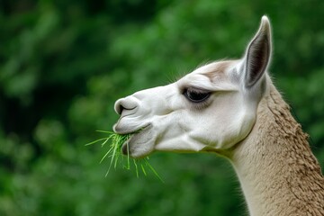 Obraz premium White and brown llama is eating grass