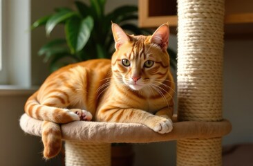 A ginger cat looking at camera lounges comfortably on a wooden cat tree shelf in sunlit room
