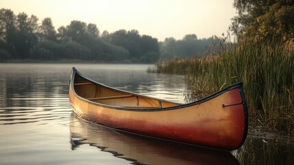 Serene Sunrise Reflection on a Colorful Canoe in Tranquil Lake