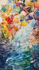 Naklejka premium Dreamy watercolor of plastic-infused raindrops falling over a polluted river, vibrant colors revealing unseen contamination, nature vs human waste.