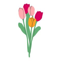 Tulips flower bouquet isolated.Flower collection with pink, yellow blooms on transparent background.Simple flat design. Vector illustration Eps10