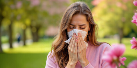 Woman with allergies uses tissue in front of blossoming spring trees. The concept is of allergies, hay fever, spring, and health issues. Suitable for health, medical, and seasonal content.