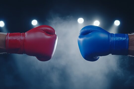 Two boxing gloves, one red and one blue, are shown in a boxing ring