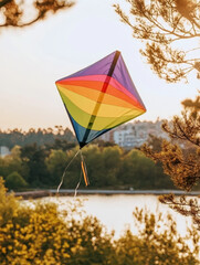 Rainbow kite soaring, sunset landscape.