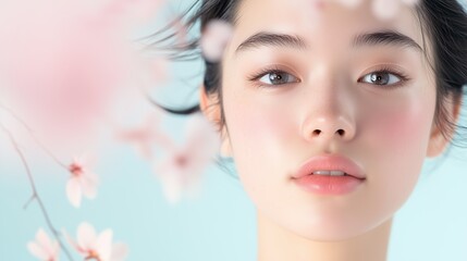 Serene Beauty Amidst Cherry Blossoms: A close-up portrait of a young woman with flawless skin, framed by delicate, softly blurred cherry blossoms.