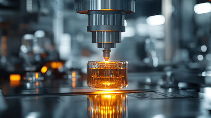 A robotic machine precisely fills a glass jar with glowing liquid on a production line.