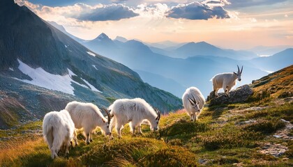 Naklejka premium Majestic Herd of Mountain Goats Basking in Snowcapped Alpine Landscape, Frosty Mornings Illuminated by the Warmth of Morning Sunlight