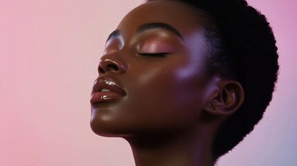 Glow of Serenity: A captivating portrait of a woman with dark skin, her eyes closed in serene repose, bathed in the soft glow of iridescent light.