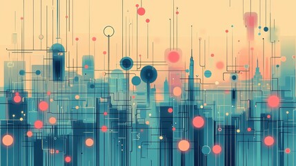 Economic system connections flat design top view futuristic city network cartoon drawing colored pastel.