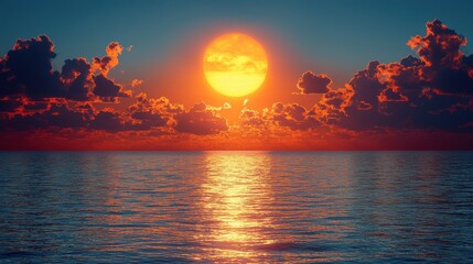 Stunning Sunset Over Calm Ocean with Vibrant Colors and Reflection