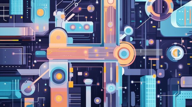Economic system connections flat design top view futuristic city network cartoon drawing colored pastel.