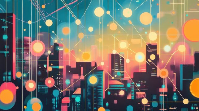 Economic system connections flat design top view futuristic city network cartoon drawing colored pastel.